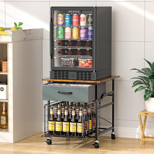 GloCryp Mini Fridge Stand, Heavy-Duty End Table Fridge Table with Storage, Small Refrigerator Stand with Rolling Wheels for Dorm, Kitchen,Pantry