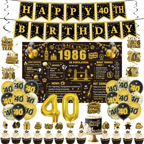 PURCAFT 43pcs Black Gold 40th Birthday Decorations Include Happy Birthday Banners Back in Backdrop Sach Hanging Swirls Balloons Cake Cupcake Toppers for Birthday Party Supplies Men Women