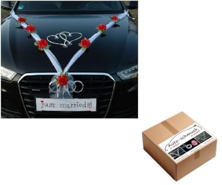 Organza M + Herzen Braut Paar Rose Deko Dekoration Autoschmuck Hochzeit Car Auto Wedding Deko Ratan Girlande ®Auto-schmuck PKW (Rot/Weiß/Weiß)