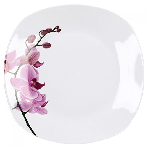 Van Well Kyoto, piatto, 250 x 250 mm, piatto grande, per menù, da portata, stoviglie di porcellana, decorazione di fiori: orchidee, rosa-rosso.