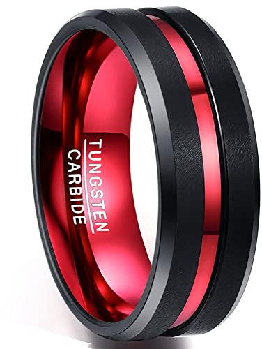 NUNCAD 8mm Mens Red and Black Ring Black Matte Finish Tungsten Engagement Ring Beveled Edge 8mm Size 10
