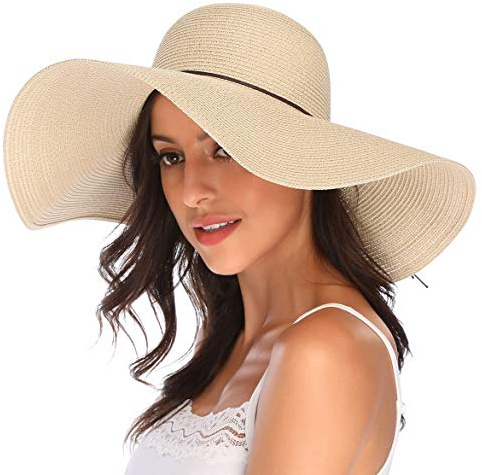 Lanzom Womens Wide Brim Straw Hat Big Floppy Foldable Roll up Cap Beach Sun Hat UPF 50+(String-Beige)