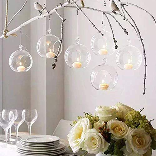 Warmiehomy 6PCS Hanging Glass Bauble Tea Light Holder 12cm Glass Tealight Holder Suitable for Wedding Birthday Christmas Party