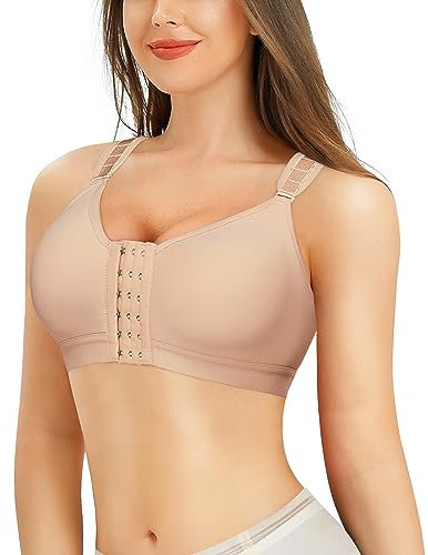 Bafully Women Post-Surgical Sports Support Bra Front Closure with Adjustable Straps Wirefree Racerback (Beige, S)