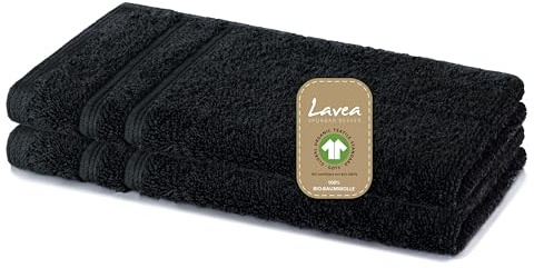 Lavea® 2er Set Gästetuch 30 x 50 cm, Bali Gästehandtücher klein aus Baumwolle, saugstarkes Handtuch für Bad und WC, Gästehandtuch-Set, 100% GOTS Bio-Baumwolle, Premium Frottier Handtücher, Schwarz