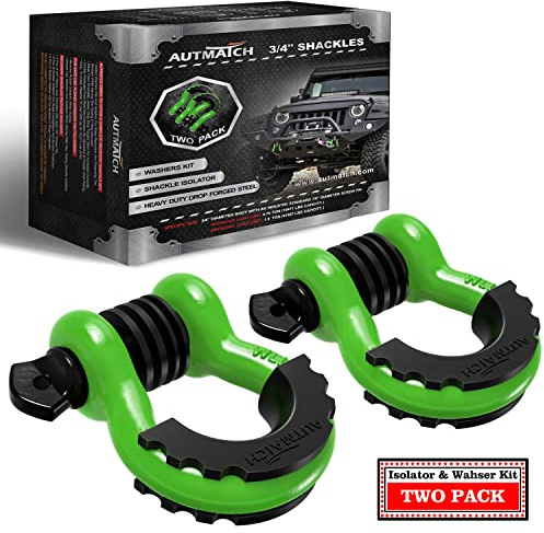 AUTMATCH D Ring Shackle 3/4 Shackles (2 Pack) 41,887Ibs Break Strength with 7/8 Screw Pin and Shackle Isolator Washers Kit for Tow Strap Winch Off Road Vehicle Recovery Green & Black