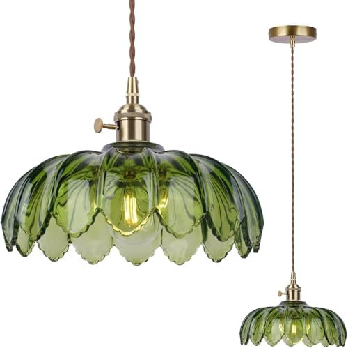 Glass Pendant Light Green, Vintage Hanging Ceiling Light with Flower Glass lampshade, Adjustable Height, E27 Brass Hanging Light with Switch for Kitchen Island Bedroom Hallway Coffee Bar, Ø 26cm