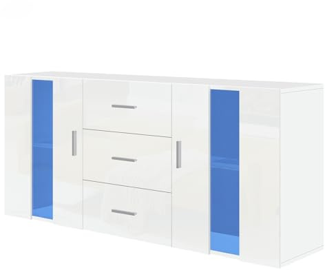 Panana Modern Sideboard High Gloss Fronts Storage Cabinet Cupboard with 3 Drawers and 2 Doors RGB LED Lights Living Room Hallway (White)