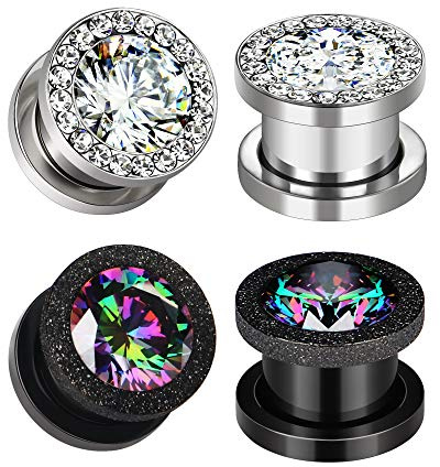 Awinrel 2 Pairs 0G CZ Gems Ear Gauges Plugs Womens Zircon Flesh Tunnels Stainless Steel Stretcher Kits Expander Piercing Jewelry 8mm