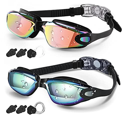 COOLOO Swimming Goggles, 2 Pack Swim Goggles for Adult Men Women Youth Kids 8+, Anti-Fog UV Protection No Leaking Nose Clip and Earplugs
