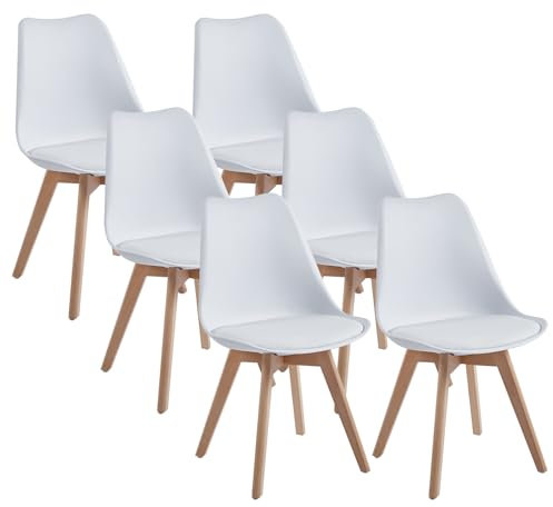 DEWINNER Pack de 6 Sillas de Comedor, Silla Blanca, Sillas de Cocina, Asiento Acolchado Tapizado y Patas de Madera Maciza de Haya
