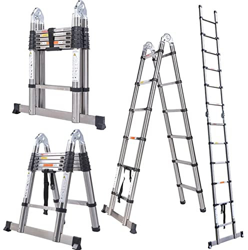 Multi-Purpose Ladder Stainless Steel Ladder Portable Attic Ladder A-Frame Extendable Ladder for Indoor Outdoor Use Telescopic Ladder with Non-Slip Feet Heavy Duty Extension Ladder(1.9m+1.9m)