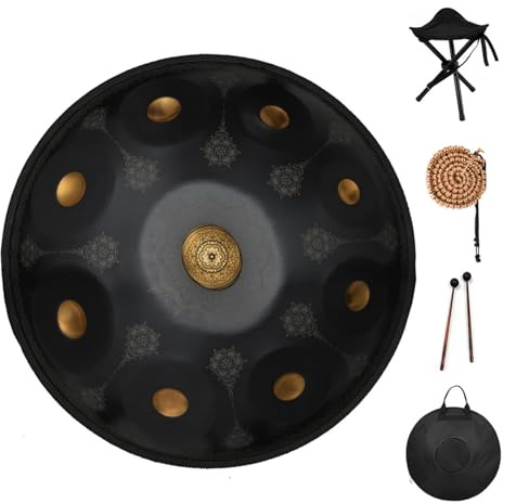 Handpan Steel Tongue Drum 22 Zoll Steel Percussion Drum Instrument mit Reisetasche,Black-432HZ-10Notes
