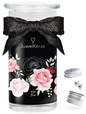 JuwelKerze Rose Noir Ohrringe Silber - Schmuckkerze 80 Std - große Duftkerze mit Fruchtigem Duft - weiße Kerze mit Schmuck Überraschung - Geschenke für Frauen, Geburtstag