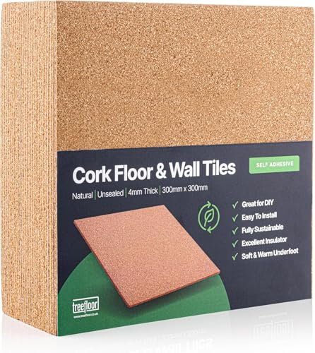 Treefloor Natural Self-Adhesive Cork Tiles - 300mm x 300mm x 4mm (300mm x 300mm x 4mm, 100, Tiles)