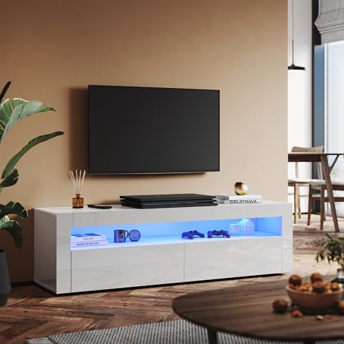 SUNXURY TV Schrank Fernsehtisch Lowboard Hochglanz mit LED Beleuchtung Weiß Hochglanz 155 x 40 x 45 cm TV Board Fernsehschrank