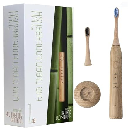 The Clean Toothbrush | Eco-Friendly and Socially Responsible Electric Toothbrush | with Waterproof IPX7 Smart Sonic Technology and USB Charger | Includes 2 Replacement Bamboo Toothbrush Heads