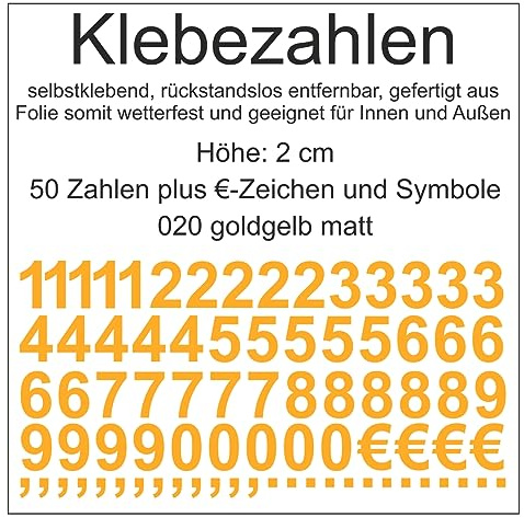 Aufkleber Sticker Klebezahlen Klebezahl Zahlen Zahl Nummern aus Folie 50 Zahlen gelb goldgelb matt Höhe 2 cm selbstklebend wetterfest Nummerierung Preisauszeichnung Beschriftung Modellbau verzieren