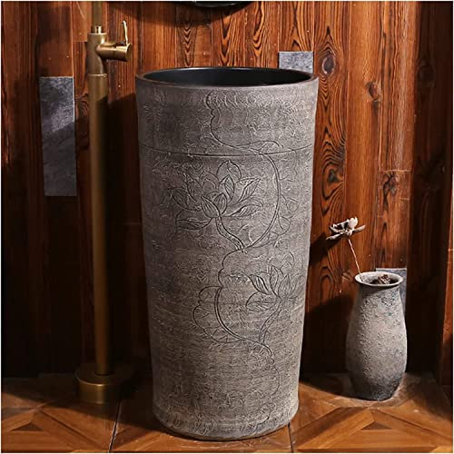 Vanity Unit with Basin,Bathroom Basin Sink with Full Pedestal, Pedestal Sink Handcrafted Ceramic wash Basin Pedestal washbasin Kaolin Clay Round Freestanding Sink with Drain & Fauc