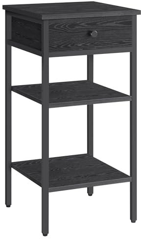 VASAGLE Nachttisch, Beistelltisch, hoch, mit Einer Schublade und 2 offenen Fächern, 1 verstellbare Ablage, platzsparend, verstellbare Füße, Industrie-Design, ebenholzschwarz-tintenschwarz LET502B56