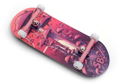 SPITBOARDS 36 x 96 mm Wood Fingerboard Complete Set-Up, Pre Assembled, 5-Layers Wood, Pro Trucks with Lock Nuts, CNC Bearing Wheels, Real Wear Graphics, Lasered Foam Grip Tape, Pink Mushrooms