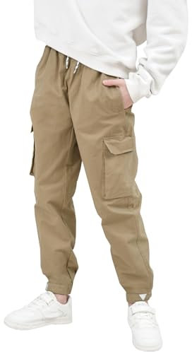 HIBETY Pantaloni cargo per ragazzi in cotone, protezione solare UPF 50+, traspiranti, con tasche funzionali, vita elastica regolabile, per attività outdoor e sport, cachi, 12 anni