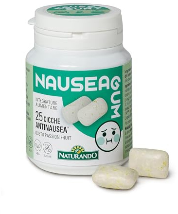 Naturando NAUSEAGUM Integratore alimentare in chewing gums a base di Camomilla, Vitamina B e Zenzero, che presenta azione anti-nausea - Flacone da 25 gomme da masticare