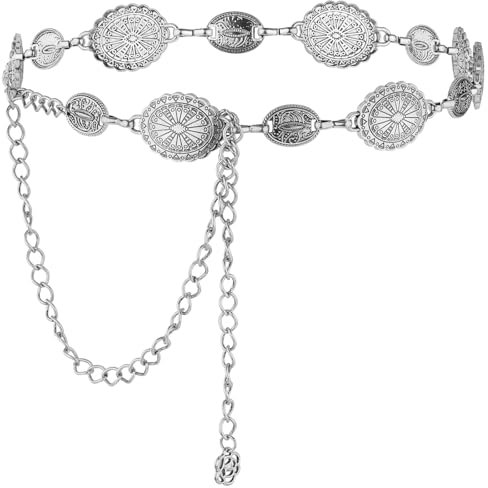 Amabro Verstellbarer Kettengürtel für Damen, Concho Western Cowgirl Bund schmaler Vintage Kleidergürtel für Konzert Outfit(Silber)