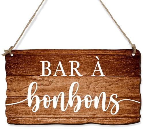 Panneau Bar à Bonbons Suspendu en Bois avec Corde de Jute Décoration Accessoire Décoratif pour Mariage Anniversaire Fête 19x10.7cm
