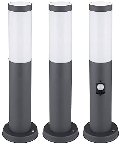 GLOBO Wegeleuchte Außenstehlampe anthrazit Stehleuchte mit Bewegungsmelder Gartenlampe Edelstahl, E27, DxH 12,7x45 cm, 3er Set