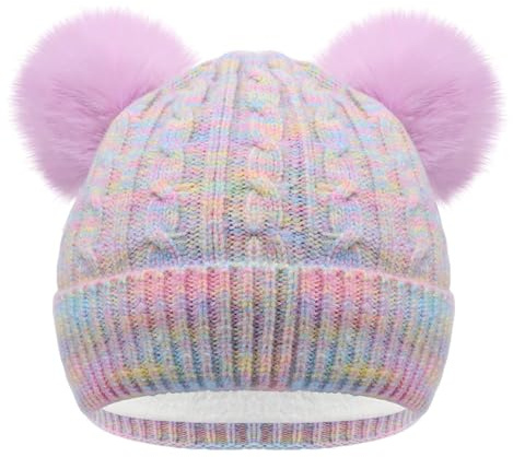 BAOPLAYKIDS Winter Hat for Kids Children, Girls Beanie with Double Pom Pom Warm Thick Thermal Fleece Lined, Girls Cute Knit Beanies Cap for Cold Weather Rainbow Purple