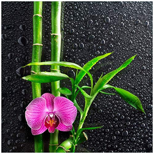 Wallario Glasbild Bambus und Pinke Orchidee auf schwarzem Glas mit Regentropfen - 55 x 55 cm Wandbilder Glas in Premium-Qualität: Brillante Farben, freischwebende Optik