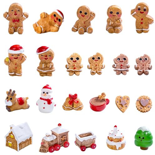 22Pcs Mini Figurines de Pain d'épice Résine Décorations de Noël en Pain d'épices Sapin de Noël Bonhomme de Neige Train Renne Noël Miniature Ornement pour DIY Craft Table Maison de Poupée Fête Cadeau