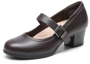 DREAM PAIRS Mary Janes skor för kvinnor bågstöd bekväma klänningsskor lågblockklack arbete formella pumpar för damer, Brun, 38 EU