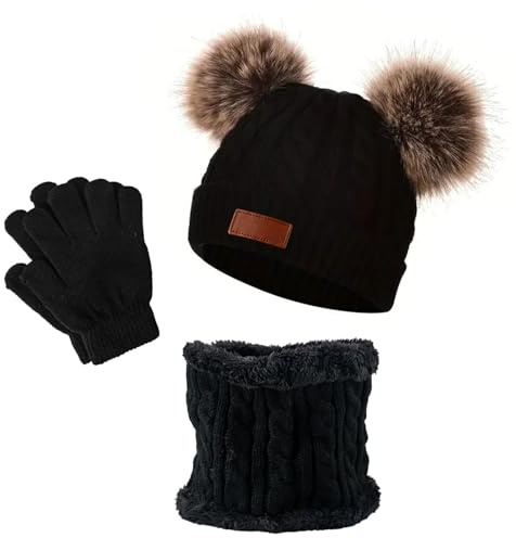 AWAVM 3 en 1 Ensemble Bonnet-Echarpe-Gants Enfant Hiver,Bonnet Enfant Hiver avec Pompon,Tricoté Tour de Chaud Gants,Ensemble d’Hiver pour Fille et Garçon 2-6Ans (Black2)