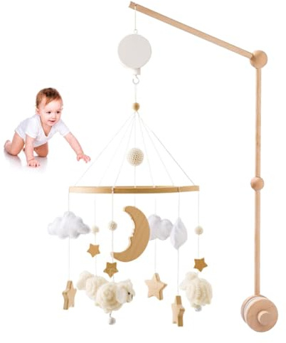 Mobile Musical en Bois avec Support Réglable et Boîte à Musique Décoration de Berceau Garçon et Fille (Beige)