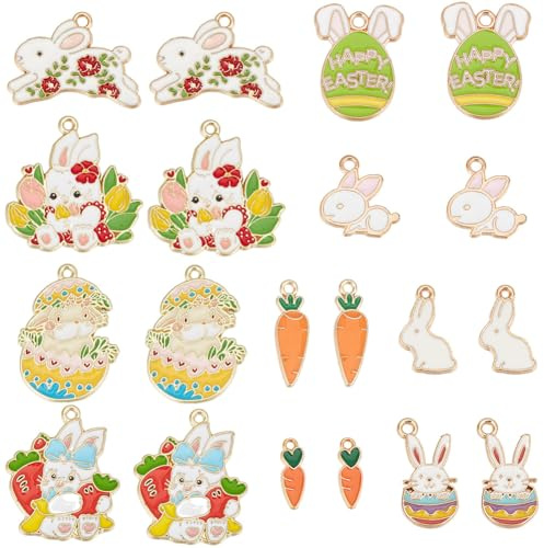 SUNNYCLUE 1 Box 20Pcs 10 Styles Rabbit Charms Easter Charm Bulk Golden Metal Alloy Enamel Animal Bunny Rabbits Egg Carrot Dangle Charm for Jewellery Making Charms Bracelet Earring DIY Crafts
