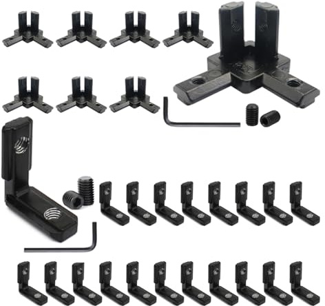BLCCLOY 20Pcs 2020 Aluminum Extrusion Profiles Black L Interior Corner Bracket with Screws Hardware, 8Pcs 20 Series 3-Way Tri End Brackets for 2020 2040 V Slot Extruded Aluminum Accessories