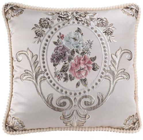 EURhine Jacquard Vintage Throw Pillows Covers Floral Embroidered Cushion Cover for Sofa Home Decor Europe Retro Classic Pillowcase (Beige, 48x48cm (Pillow Cover Only))