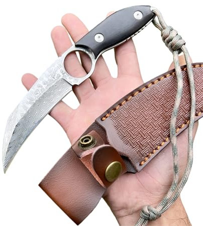 Obespina Lame Fixe Acier Damas Manche Bois d'Ébène Collection Custom Cadeau Homme Suminagashi VG10 Avec Étui cuir vegetal Cadeau Homme forge artisanat collection lame recourbé tranchant