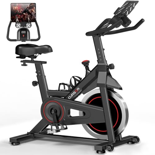 CURSOR FITNESS Exercise Bike, Spin Bike Exercise Equipment for Home Use with Stepless Adjustment, Stationary Bike with Larger Tablet Holder