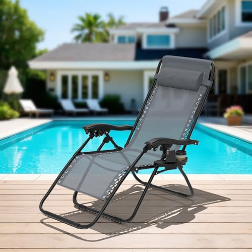 Fauteuil Relax Inclinable Extra Large en Textilène, Chaise Longue Pliable, Repose-tête & Porte-gobelet, Transat de Jardin-Terrasse-Balcon Ergonomique Zéro Gravité, Bain de Soleil Charge 120kg, Gris