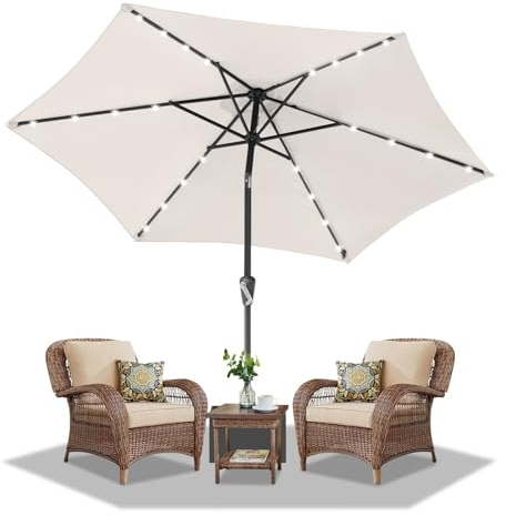 Daromigo Sonnenschirm LED Solar Ø 350 cm Beige mit Kurbel | Ampelschirm Gartenschirm Sonnenschutz UV Schutz 50+ | Kurbelschirm Marktschirm wasserdicht für Garten, Balkon, ohne Ständer