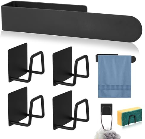OUZHOU Soporte para paños de cocina, soporte para paños de cocina sin taladrar con 4 soportes de esponja, soporte para trapos, fregadero, autoadhesivo, acero inoxidable, soporte para paños de cocina