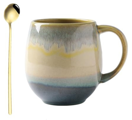 Cteahrow 500 ml Große Porzellan Kaffeetasse Becher Mit Löffel Tasse Steingut Cappuccino Tassen Teetasse Geeignet für Büro und Zuhause(Blau)