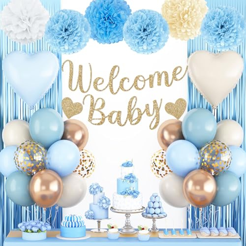 Dusty Blue Baby Shower Decorations with Glitter Welcome Baby Banner | Dusty Blue Balloons Fringe Curtains Paper Pom Poms Flowers Tassels for Boho Baby Shower Gender Reveal Party Supplies