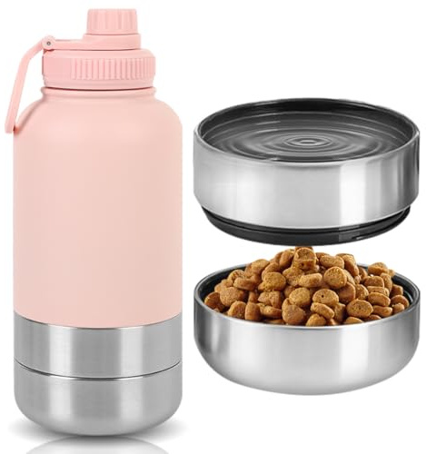 Borraccia per cani da viaggio, 950 ml, per cani, in viaggio, isolata, in acciaio inox, con ciotola e ciotola per acqua, bottiglia termica per cani, per viaggi all'aperto (rosa)