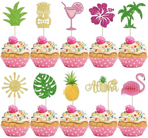 30 Stück Sommer Hawaii Thema Tortendeko Glitzer Palmblatt Blume Kuchen Deko Flamingo Ananas Cupcake Toppers für Tropische Hawaiianische Thema Baby Dusche Geburtstag Party Kuchen Dekorationen