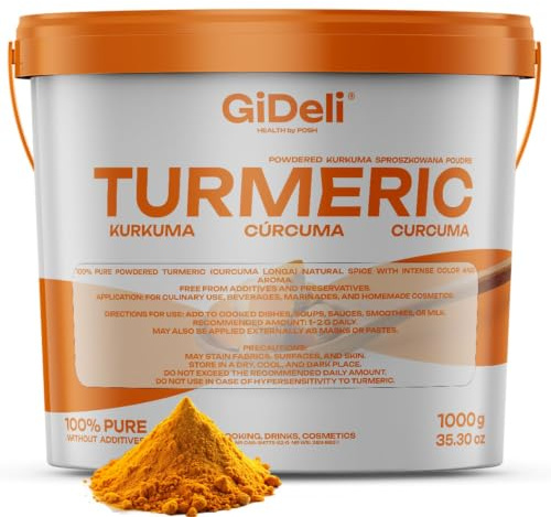 GiDeli Gurkmeja Pulver 1kg - 100% Ren Curcuma Longa utan Tillsatser - Indiska Rötter Handplockade - Fint Malen med Intensiv Gul Färg - Perfekt för Curry och Ris