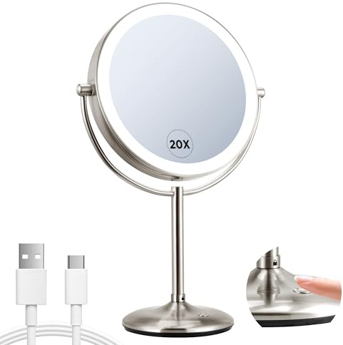 VORREMIRR 9 Lighted Makeup Mirror, 1X/20X Rechargeable Magnifying Mirror with 3 Color Dimmable Lights for Bedroom Tabletop, Base Charging and Switch, Women Gift
